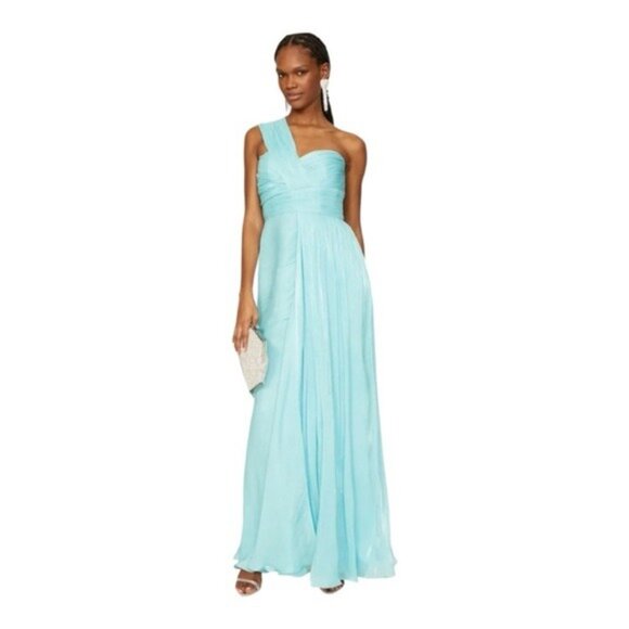 Badgley Mischka One-Shoulder Draped Shimmer Pleated Chiffon Evening Gown Size 12 - Picture 4 of 12